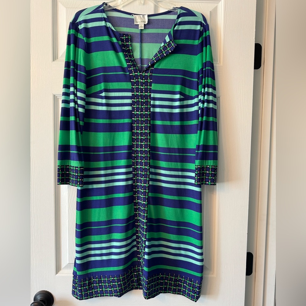 Donna Morgan Women’s Size 8 Blue and Green Striped Long Sleeve Dress